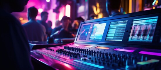 the monitor system on sound mixing console at a night club - obrazy, fototapety, plakaty