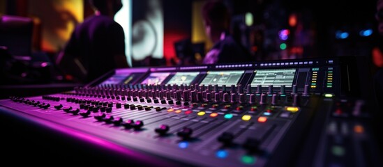 the monitor system on sound mixing console at a night club - obrazy, fototapety, plakaty