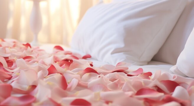 the image is of white rose petals and white silk floral pattern on top of a hotel bed