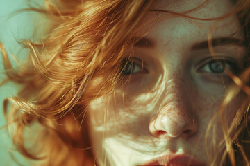 A detailed shot of a woman's face showcasing her freckles. Perfect for beauty and skincare campaigns