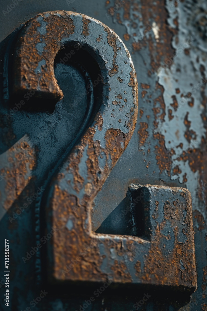 Poster A close up view of the number two on a rusted metal surface. This image can be used to represent the concept of decay, vintage, or industrial themes