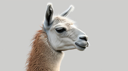Obraz premium A close up photograph of a llama with a plain gray background. Suitable for various uses