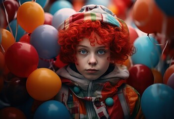 Fototapeta na wymiar young clown in the clown outfit poses with balloons