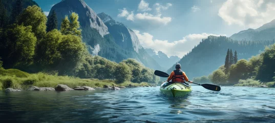  kayaking kayaker on a rapid in forest background with mountain scenery © olegganko