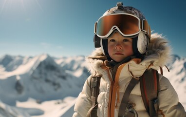 kid is standing in ski gear with goggles on a mountain