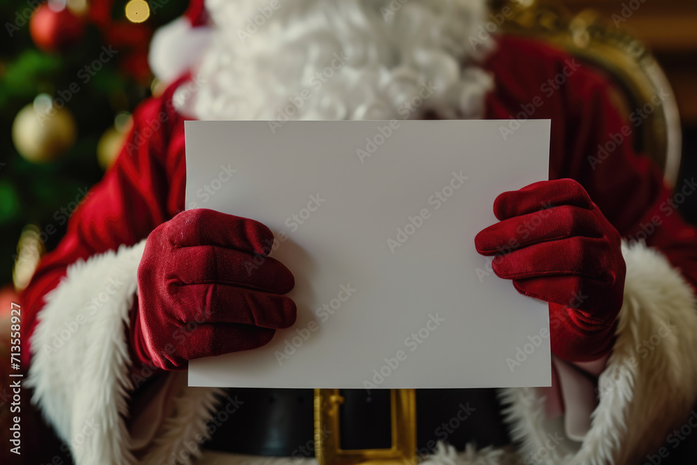 Poster santa claus holding a blank paper in front of a christmas tree. this image can be used for various h