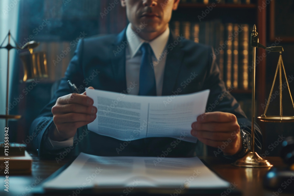 Poster a man in a suit sitting at a desk holding a piece of paper. suitable for business and office-related