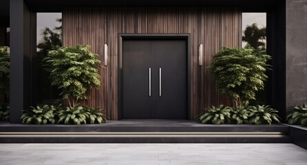 modern home with black door and plants in pots