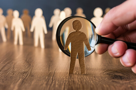 A person holds a magnifying glass in front of a group of people. This image can be used to depict investigation, leadership, teamwork, or problem-solving concepts