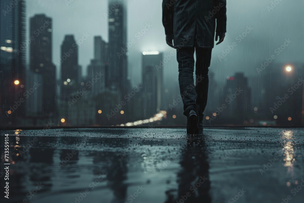 Aufkleber a person walking in the rain with an umbrella. suitable for various concepts and designs