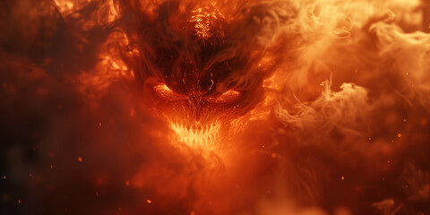 Fiery head of a evil monster in the fire - obrazy, fototapety, plakaty