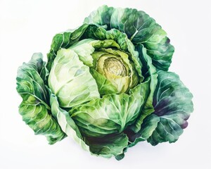 Obraz premium Fresh Green Cabbage Watercolor Illustration on White Background
