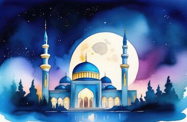 traditional Islamic architecture. watercolor illustration of Muslim mosque at night under moon.