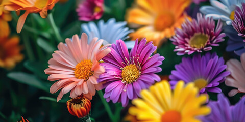 Fototapeta premium A vibrant close up view of a bunch of colorful flowers. Perfect for adding a pop of color to any project