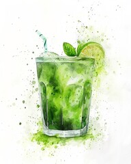 Watercolor Wheatgrass Green Detox Juice on a white background