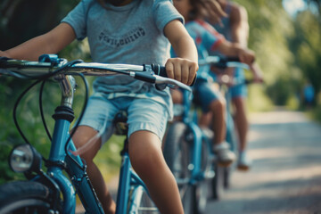 Obraz premium A group of people riding bikes on a road. Ideal for illustrating outdoor activities and group sports