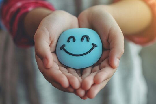 Hands holding blue happy smile face for medical care concept. mental health positive thinking