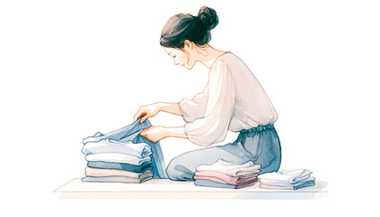 Woman folding clean laundry on transparent background. Simple watercolor illustration for design, print. Spring cleaning concept. Housewife, housework.
