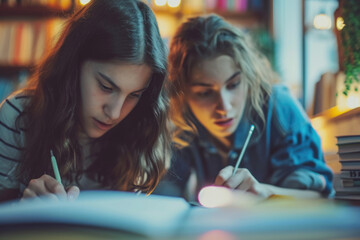 Two girls sitting at a table, engaged in writing. Perfect for educational or creative projects