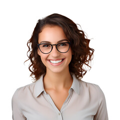 In this portrait, a happy and smiling teacher woman dons fashionable glasses, Isolated on Transparent Background, PNG
