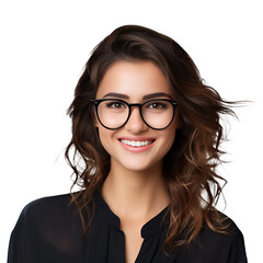 Obraz premium Glasses-clad educator woman beaming with joy in a portrait, Isolated on Transparent Background, PNG