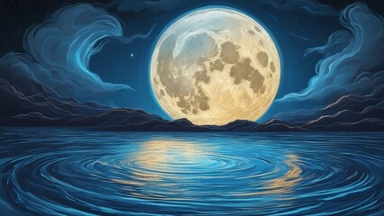 earth and moon  blue moon over water, depicting the creativity and the beauty of water. The moon is spiral  