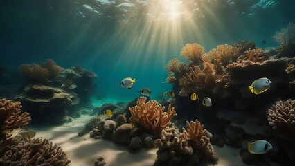 coral reef and fishes   hidden world under the sea. Imagine a vast underwater landscape with colorful corals, exotic fish - obrazy, fototapety, plakaty