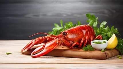 Steamed red lobster on a wooden table with parsley and lemon with space for copy