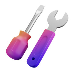Colorful hand tools, screwdriver and wrench, gradient handles, vibrant orange and teal, minimalist design, clean background, household objects, DIY equipment, cartoon-like style, simple shapes