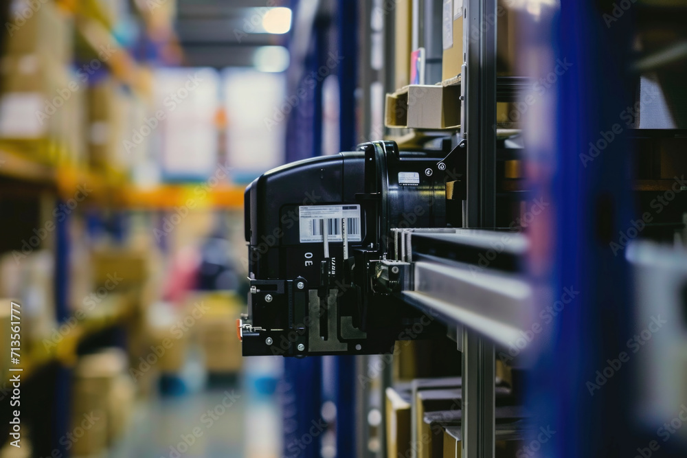 Poster a detailed view of a shelf in a warehouse. this image can be used to depict storage, organization, o