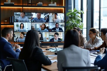 Diverse company employees having online business conference video call on tv screen monitor in board meeting room. Videoconference presentation, global virtual group corporate training concept - obrazy, fototapety, plakaty