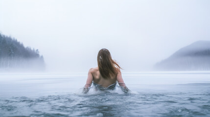 a young woman in the icy water of a winter lake strengthens her immunity by hardening herself