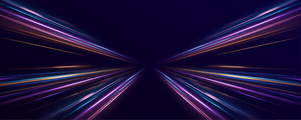 Panoramic high speed technology concept, light abstract background. Vector dark blue abstract background with ultraviolet neon glow, blurry light lines, waves.  © MEDUZA