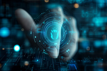 Obraz premium Biometrics and identification technologies.Human Finger Pushes Touch Screen Button and Activates Futuristic Artificial Intelligence Interface. Visualization of Machine Learning, Computer Technology
