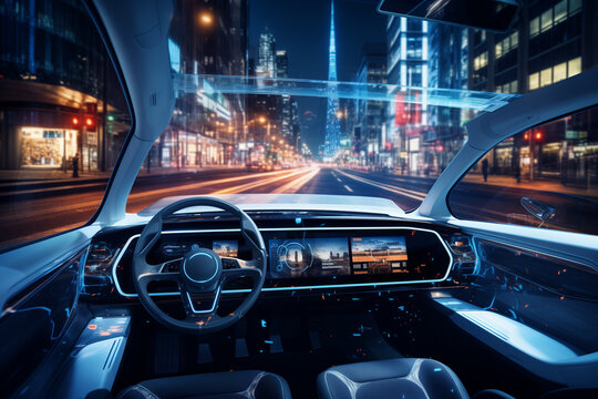 Automated driving systems and autonomous vehicles. An Interactive Navigation App on an Augmented Reality Dashboard while Sitting in an Autonomous Self-Driving Zero-Emissions Electric Car.