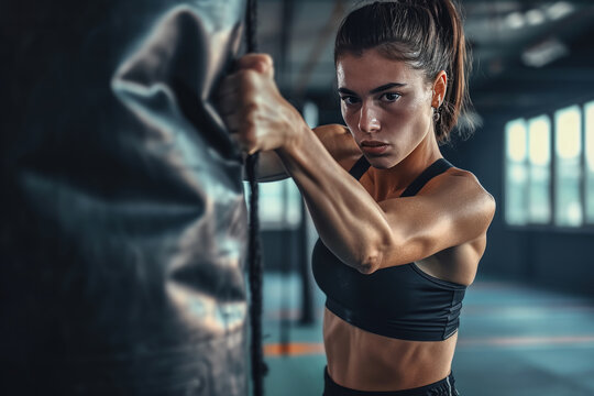 mujer joven boxeadora golpeando un saco de boxeo, vistiendo ropa deportiva, sobre fondo de gimnasio desenfocado