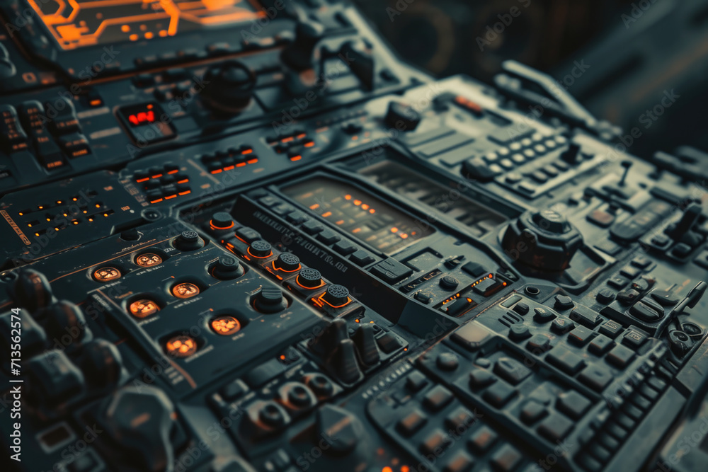 Poster a detailed view of the control panel in a plane. perfect for aviation enthusiasts or educational mat