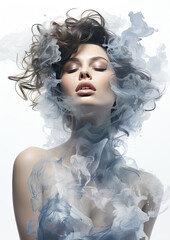 Sensual woman with curly hair and smoke surrounding her.