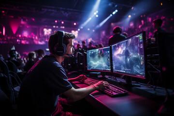 E-sports and virtual competitions. Crowded esports stadium detail, a proplayer at a stadium competing in a great match. Male gamer is competing in e-sport by playing video games on computer . Arena