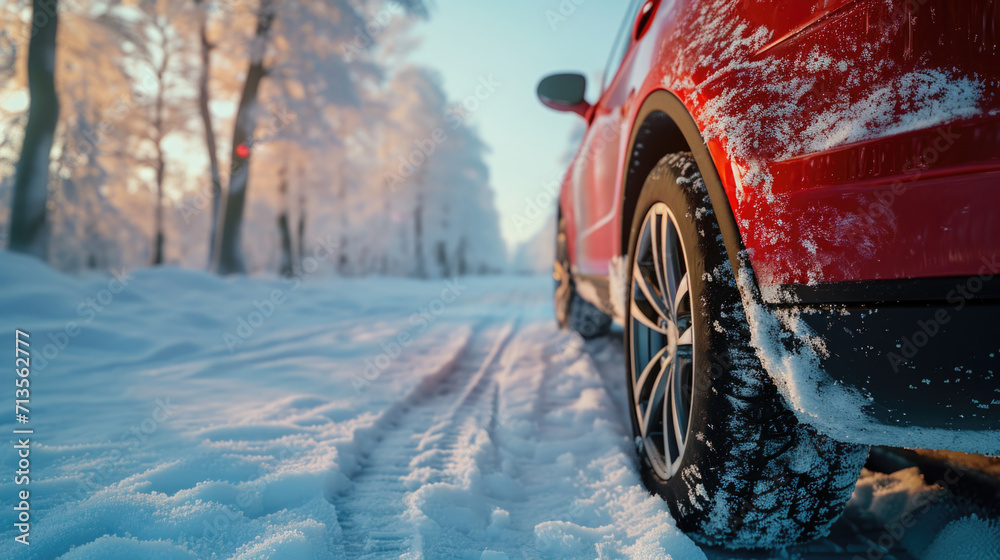 Sticker A red car is seen driving down a snow covered road. This image can be used to depict winter driving or a scenic winter road trip