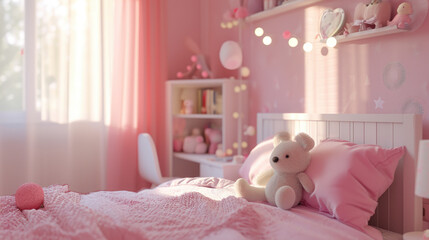 A white  bear sitting on a pink bed. Ideal for children's room decor or toy advertisements