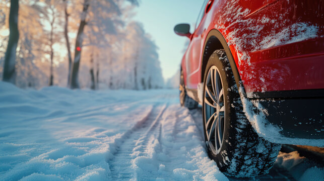 A red car is seen driving down a snow covered road. This image can be used to depict winter driving or a scenic winter road trip