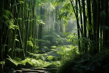 A detailed view of a dense bamboo forest with its sturdy trunks and lush foliage. Generative AI
