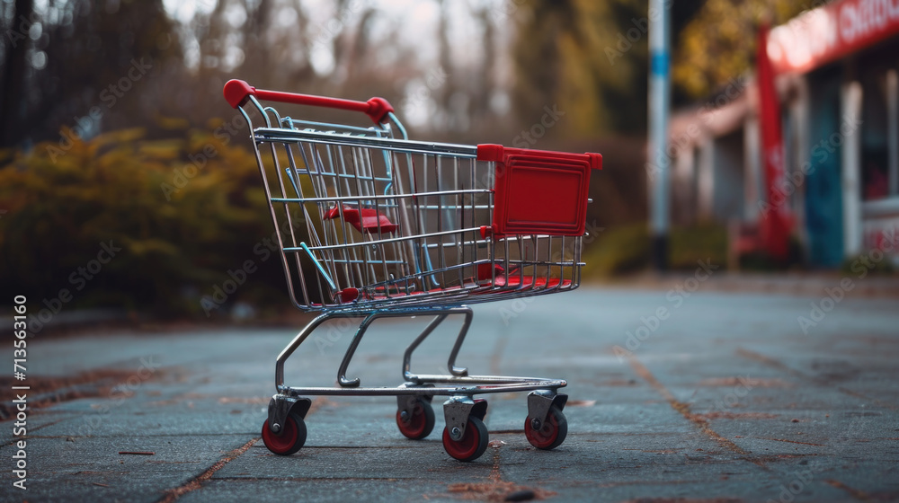 Poster a shopping cart sitting on a sidewalk in front of a store. suitable for illustrating retail, consume
