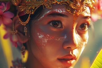 A detailed shot of a person wearing a headdress. This image can be used for cultural events, costume parties, or historical presentations