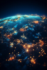 Planet Earth viewed from space with city lights and connections. World with sunrise. Conceptual image for global business or European communication technology, elements from NASA - obrazy, fototapety, plakaty