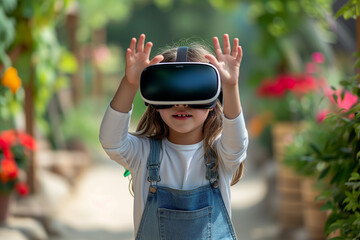 Small caucasian girl wearing virtual reality headset and looking at the images. A child is wearing a white shirt and denim pants is in a garden playing with vr headset