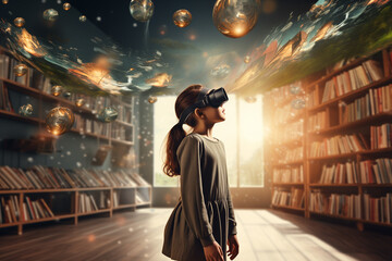 Child girl wearing virtual reality headset and looking at digital space system with planets or Universes. Space exploration with augmented reality glasses. She is standing in the library 