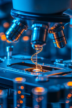 Close-up shot of microscope with metal lens at laboratory. DNA strand and molecules symbol, concept of DNA engineering. Scientific Lab Biotechnology Development Center of High-Tech Equipment