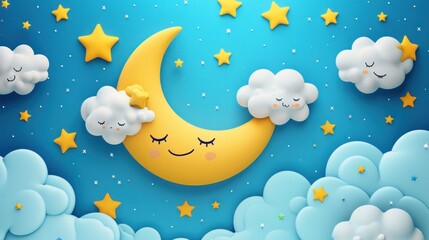 Obraz na płótnie Canvas 3d cartoon yellow crescent in clouds and stars on blue background